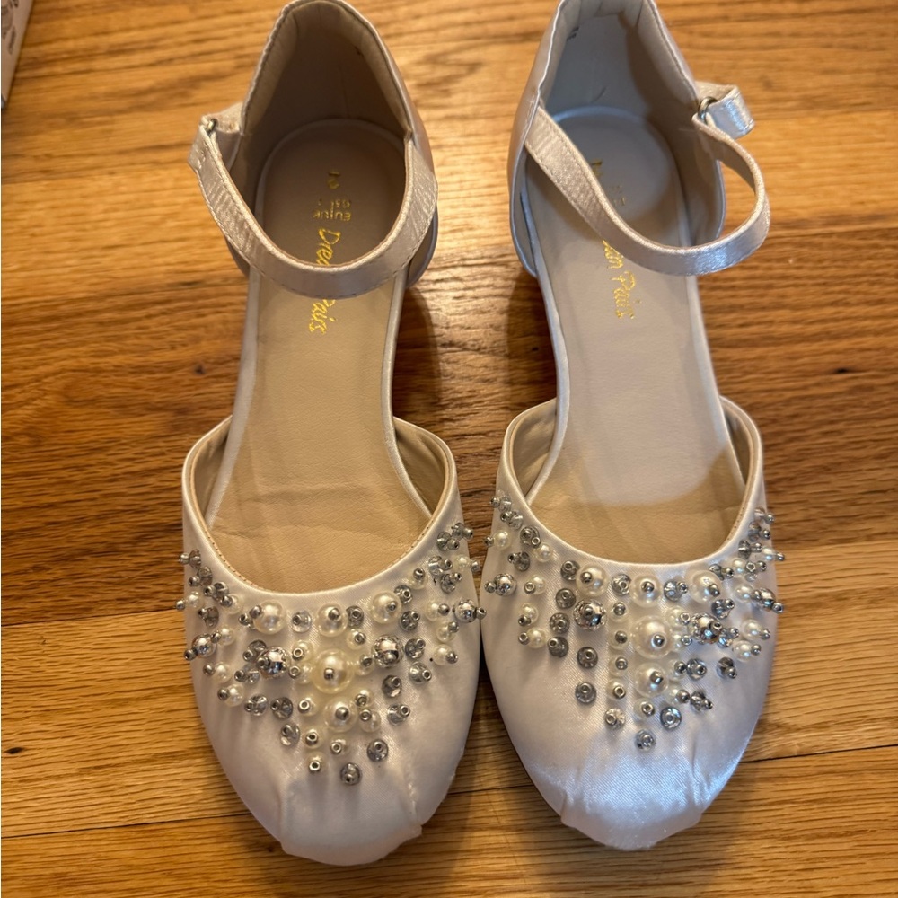 Embellished White Satin Flats